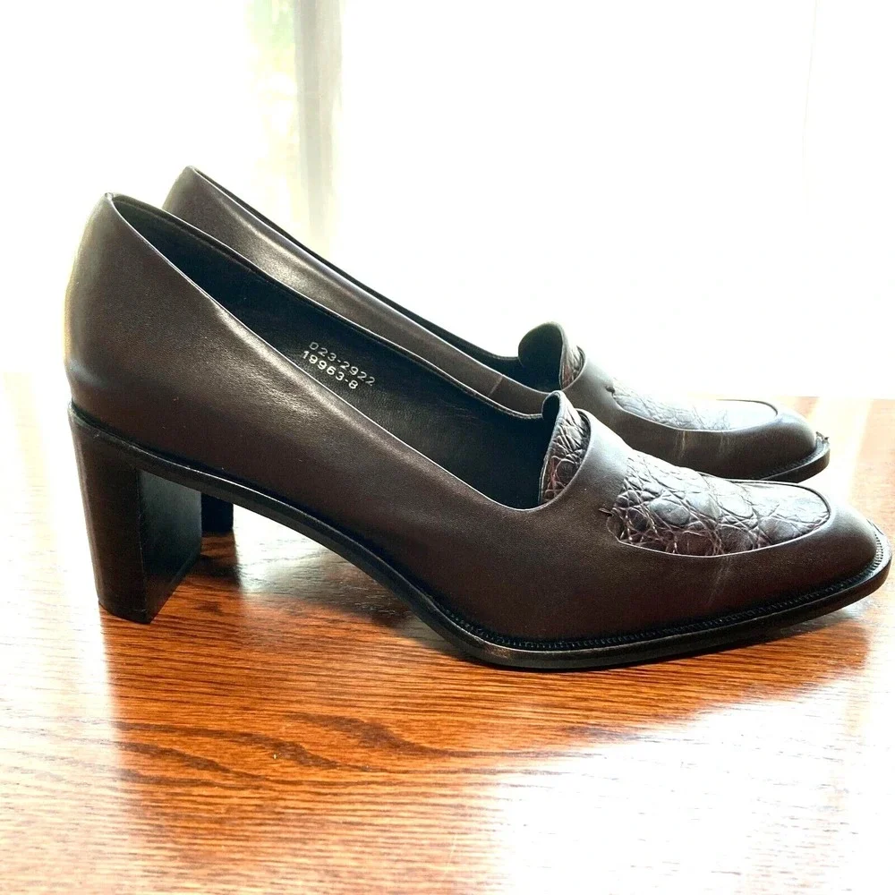 VTG Worthington Embossed Dark Brown Leather Chunky Block Heel Womens 7.5 Y2k